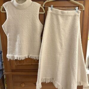 Zara Cream Boucle Fringe Skirt and Sleeveless Sweater Set